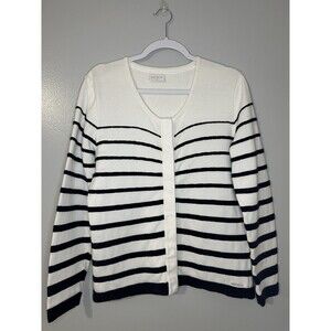 Blue Willi's Women’s Size M Sweater Cardigan Stripe White Navy Snap Button Knit